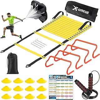  Agility Ladder Speed Training Equipment Set-20ft Agility Ladder,12 Soccer Cones,4 Hurdles, Jump Rope, Running Parachute| Basketball Football Soccer Training Equipment for Kids Youth Adults